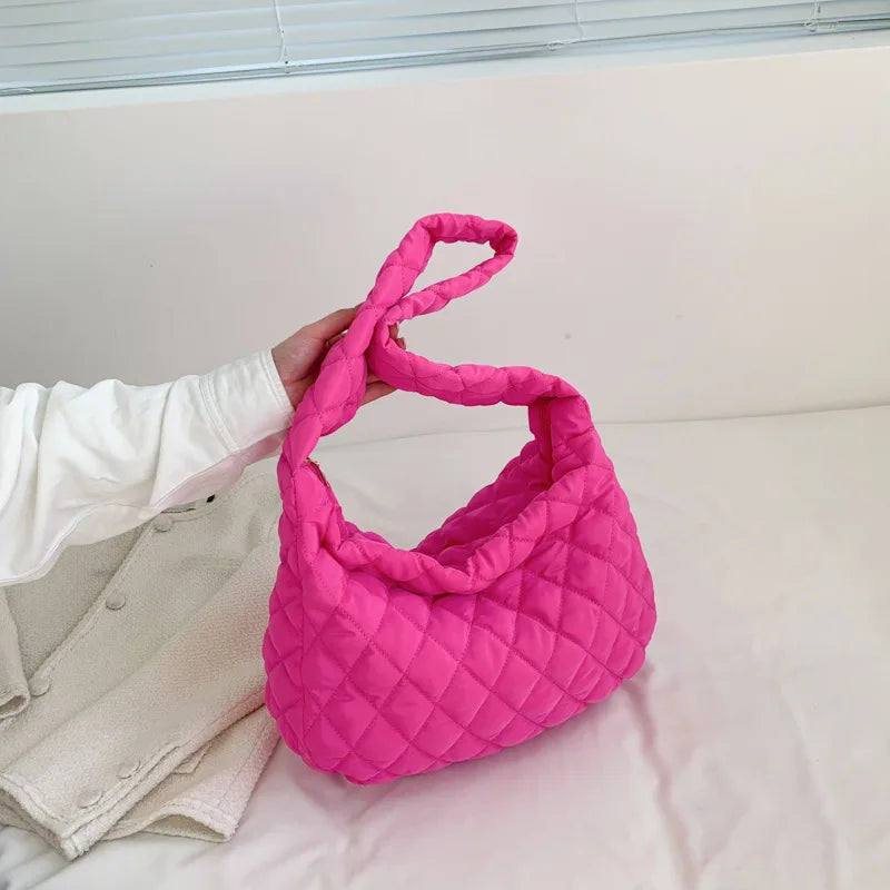 Women Large Capacity Quilted Tote Bag Winter Warm Lightweight Down Cotton Padded Plaid Shoulder Bags Underarm Bags Puffy Handbag