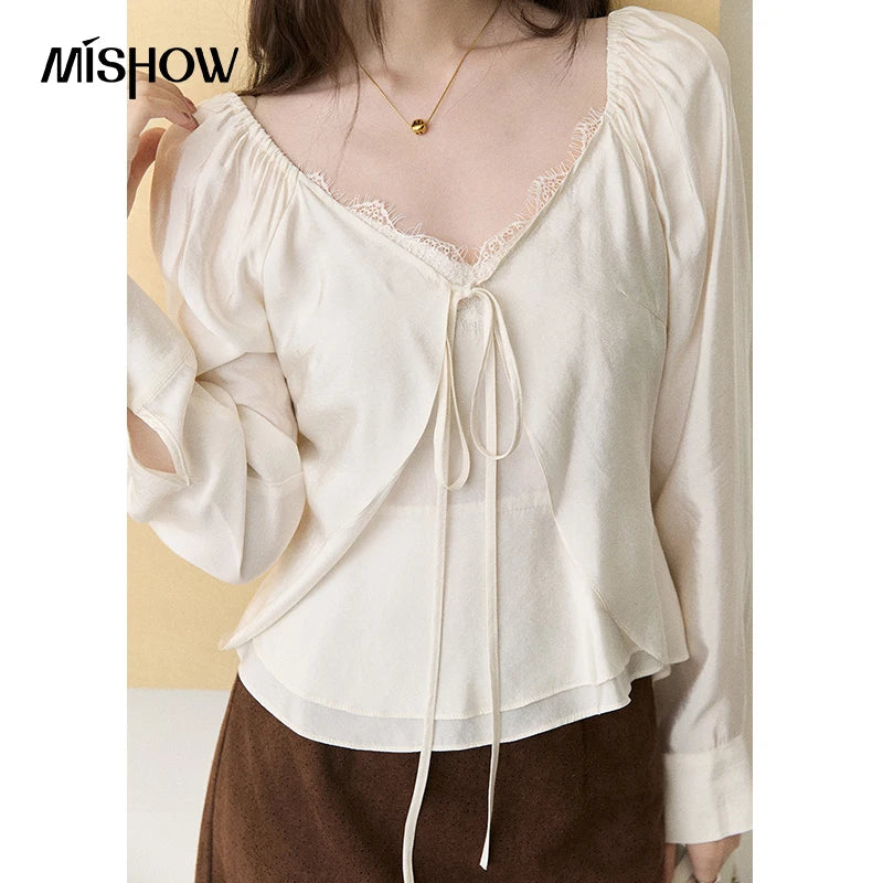 MISHOW Women's French Lace Trim Blouse 2026 Autumn V‑Neck Tie Front Loose solid blouses Babydoll Style Casual Tops MXF43X2783