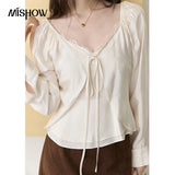 MISHOW Women's French Lace Trim Blouse 2026 Autumn V‑Neck Tie Front Loose solid blouses Babydoll Style Casual Tops MXF43X2783