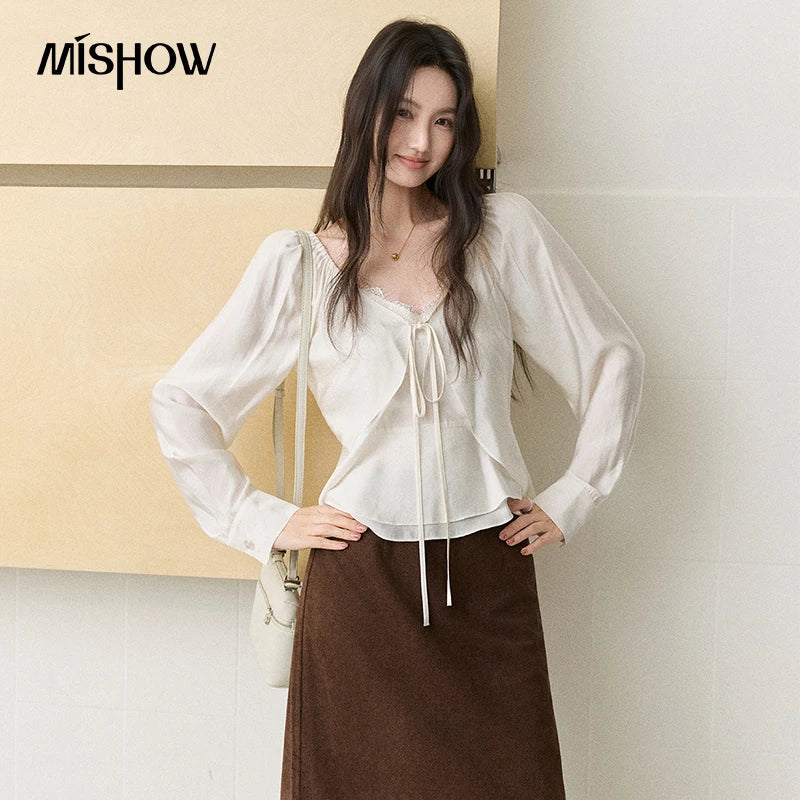 MISHOW Women's French Lace Trim Blouse 2026 Autumn V‑Neck Tie Front Loose solid blouses Babydoll Style Casual Tops MXF43X2783