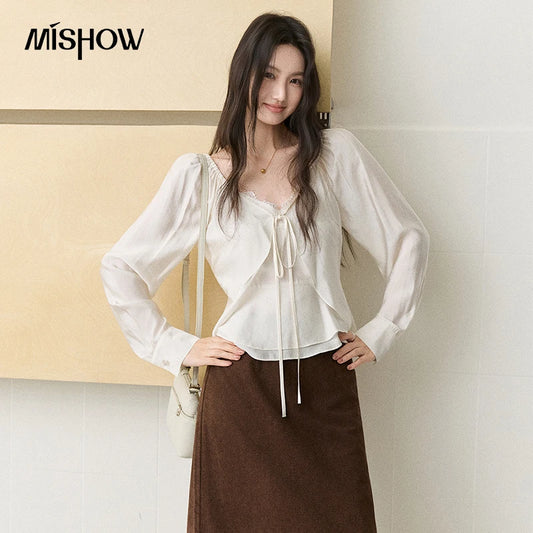 MISHOW Women's French Lace Trim Blouse 2026 Autumn V‑Neck Tie Front Loose solid blouses Babydoll Style Casual Tops MXF43X2783