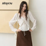 MISHOW Women's French Lace Trim Blouse 2026 Autumn V‑Neck Tie Front Loose solid blouses Babydoll Style Casual Tops MXF43X2783