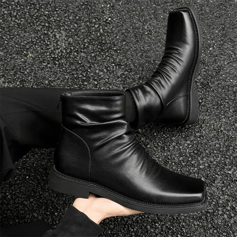 Hot-Selling Leather Boots for Men Fad Square Toe Drape Casual Chelsea Boot British High-end Cool High Top Men Boots Botas Hombre