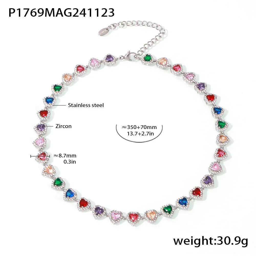 Colorful Zircon Necklace Heart Chain Bracelet Set Women's 316L Stainless Steel Gold-Plated Luxury Wedding Jewelry Accessories