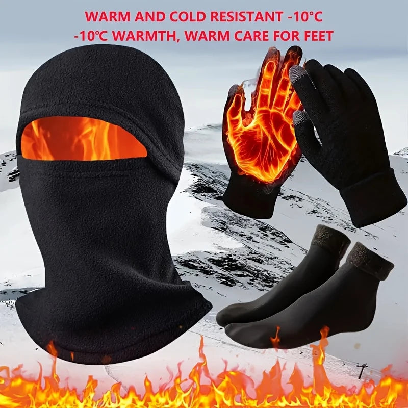 3Pcs Winter Sports Thermal Headgear, Gloves & Socks Set Outdoor Cycling Set Unisex Hat Scarf Gloves Men Women Cycling Warm Sets