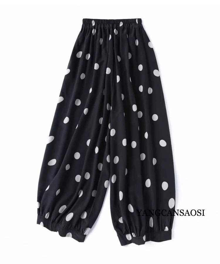 Modern Large Polka Dot 100% Natural Mulberry Silk Crepe De Chine Elastic Waist Women's Fashionable Cropped Lantern Pants