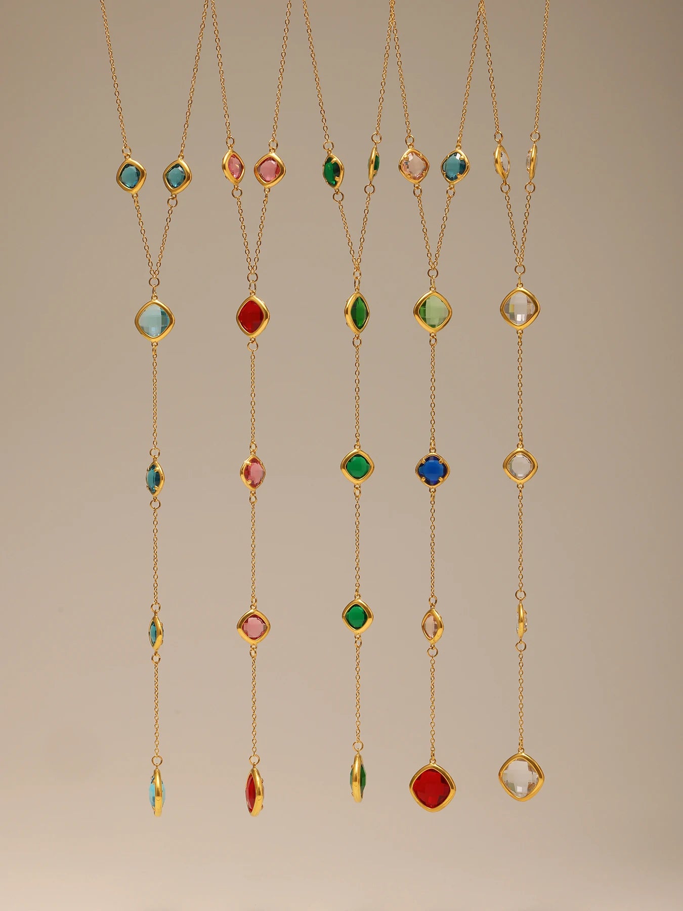 Colorful Long Square Pendant Stainless Steel Necklace for Women Luxury Czech Glass Gold Plated Waterproof Charm Jewelry