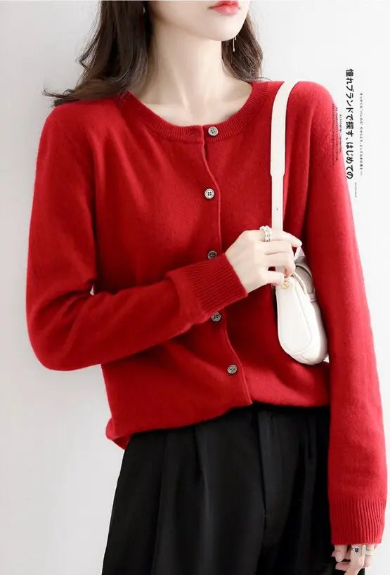 Women Knitted Cardigans Autumn Winter 2025 Round Neck Casual Long Sleeve Tops Solid Basic Soft Sweaters Female