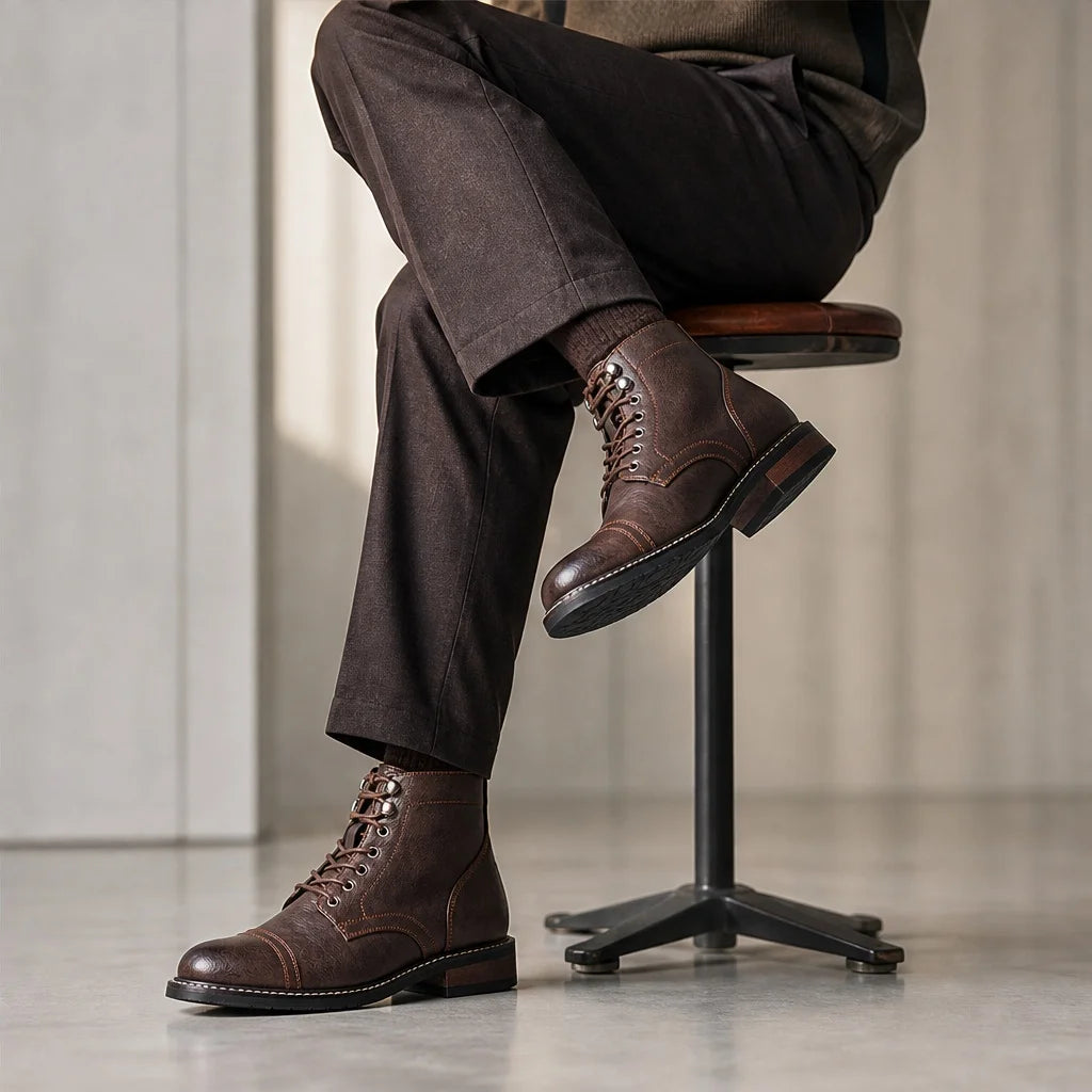 CAPTAIN ANKLE BOOTS Men's Vintage Combat Boots Lace-Up Cap Toe Ankle BOOTS