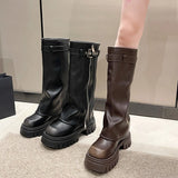 2025 Winter Women Biker Boots Fashion Belt Buckle Ladies Elegant Platform Long Pipe Booties Casual Women's Knee High Booties
