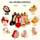 Elegant Women's High Heel Sandals Open Toe T Strap Faux Suede Back Zip Ankle Strap Dress Shoes for Wedding Bridal Evening Party Cocktail Prom Office Work Date Night Casual Summer Fashion Heeled Footwear Black Red Yellow Nude