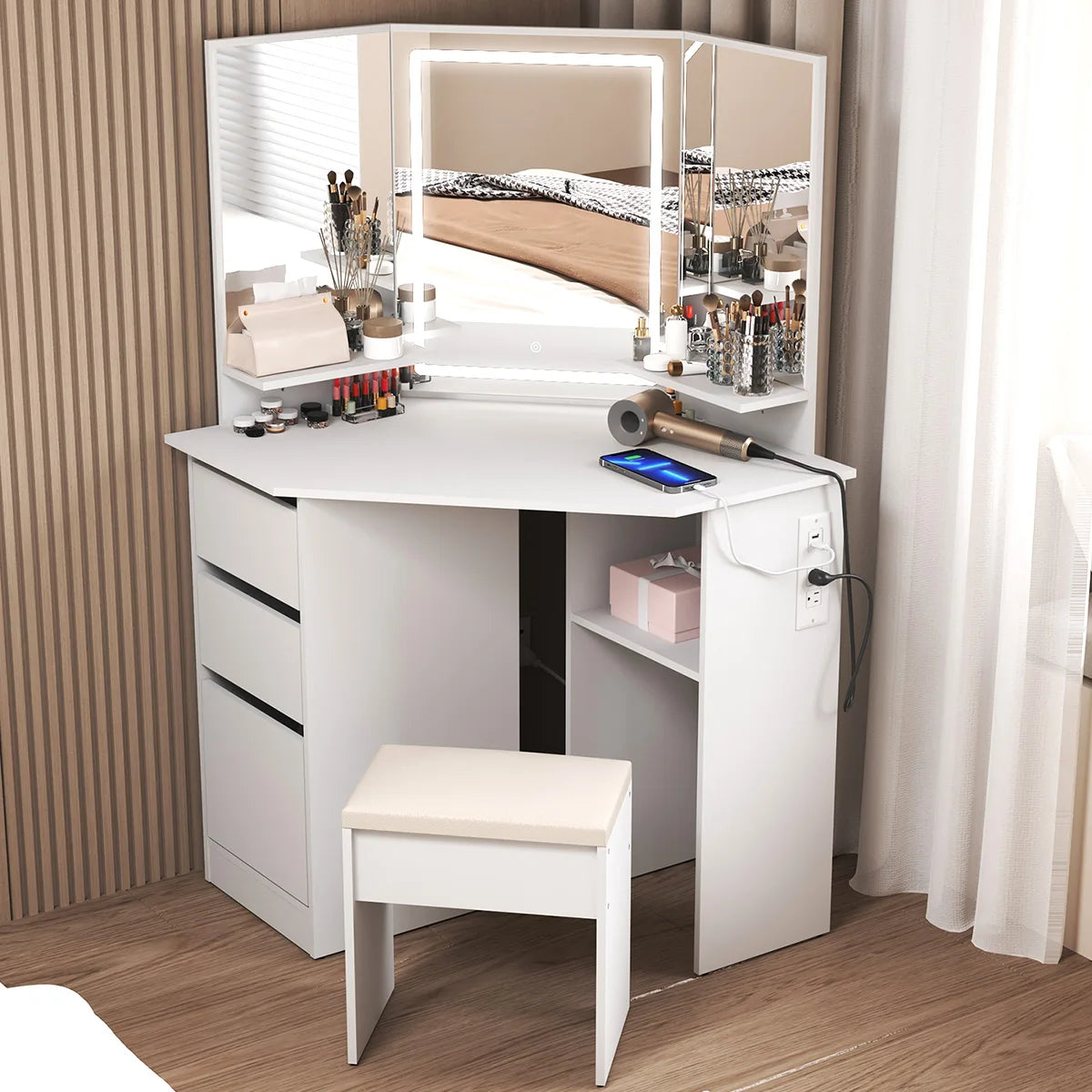 LED Vanity Desk With 3-Light Modes & Built-in Charging Station - Makeup Table With Open Storage Shelves, Drawers & Matching Stool