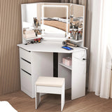 LED Vanity Desk With 3-Light Modes & Built-in Charging Station - Makeup Table With Open Storage Shelves, Drawers & Matching Stool