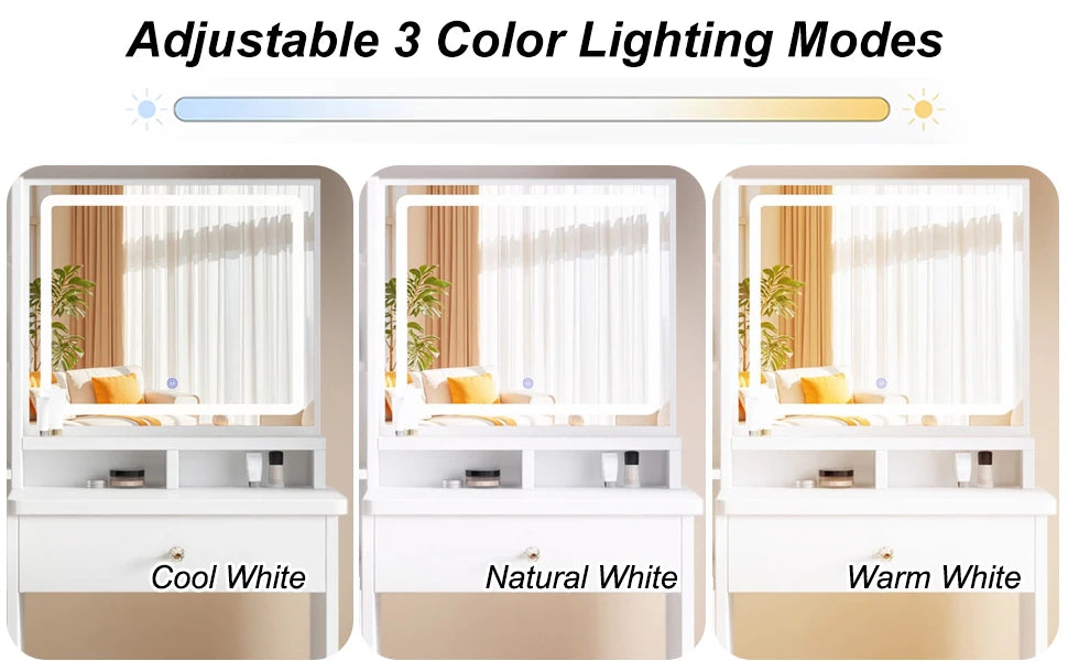 Vanity Desk Makeup Vanity Desk with Mirror and Lights, Makeup Vanity Set with Drawers, Stool and Open Shelves, 3 Color Lighting Modes Brightness Adjustable Dressing Table for Bedroom