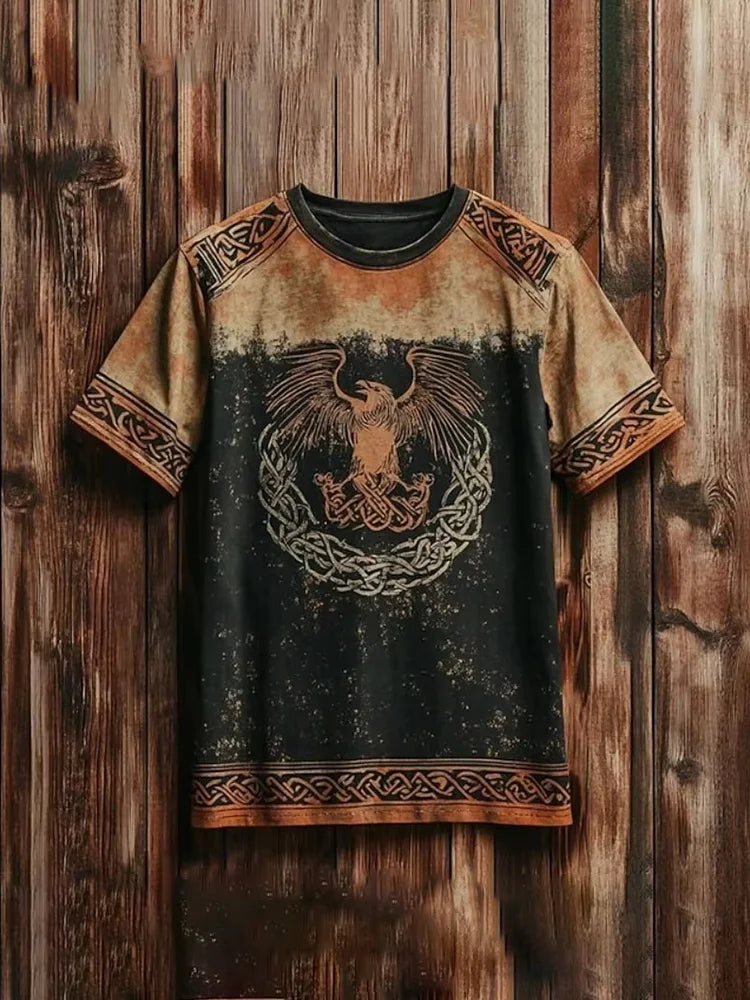 New Retro-style Outdoor Street Men's Loose Short-sleeved Casual Shirt With Tribal Ethnic Symbol Print Men's Fashionable T-shirt