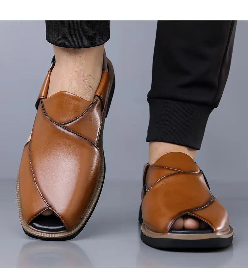 PU Leather Men's Sandals Handmade Stitching Beach Shoes Non Slip Hollow Out Shoes Outdoor Casual Sandaly All-match Man Sandalias