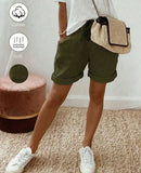 Women's Summer Vintage Modest Linen Casual Drawstring Rolled Hem Shorts,Elastic Waist Textured Fabric Khaki Loose Trousers For Vacation