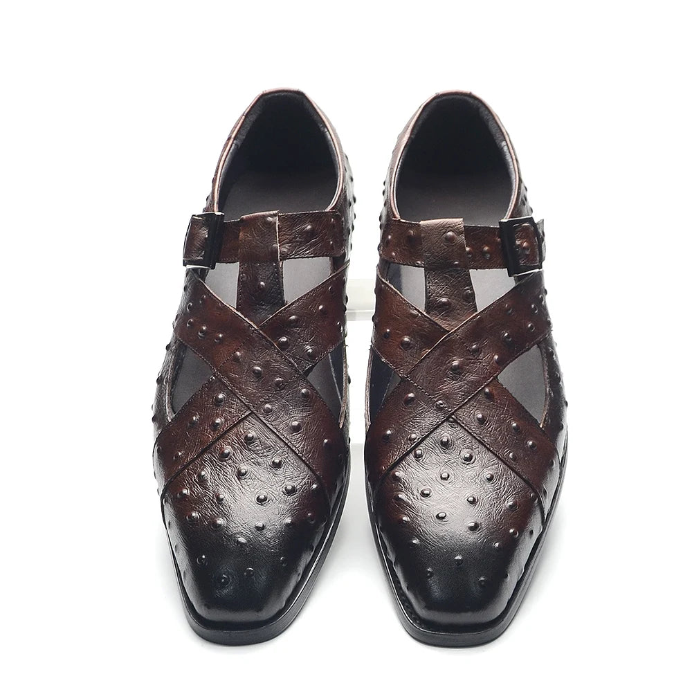Rome Style Men's Sandals Genuine Cow Leather Summer Buckle Strap Hollow Out Casual Business Wedding Dress Shoes Men Open Shoes