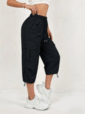 Women's Quick-Dry Cargo Capri Pants with Elastic Waist & Drawstring - Lightweight Stretch Suitable for - Outdoor Pants, Multi- Trousers, Machine Washable Loose-Fit Mid-Length for, Travel, Casual Attire