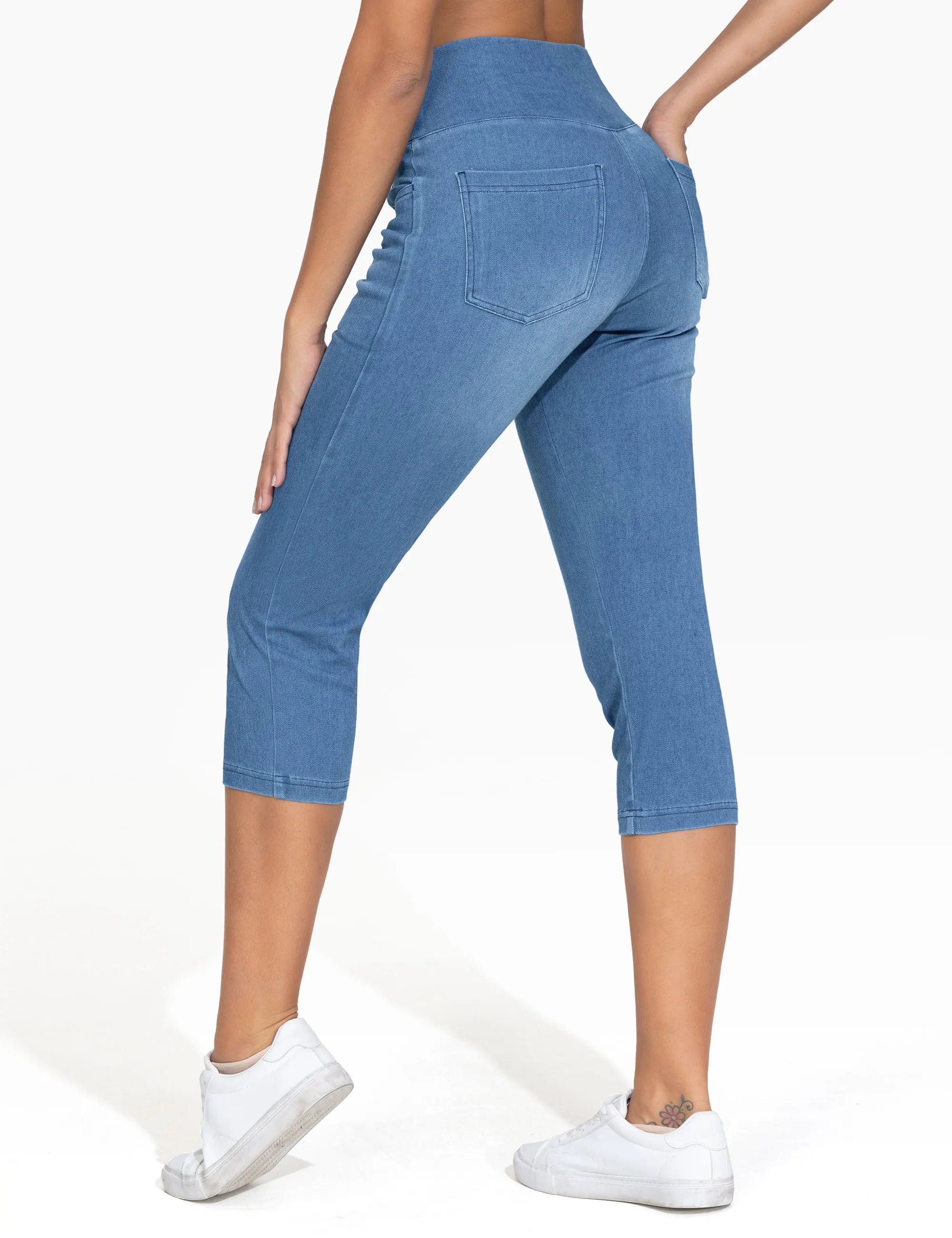 THE GYM PEOPLE Women's Cross Waisted Stretchy Capri Denim Jeggings Tummy Control Skinny Jean Leggings with Pockets