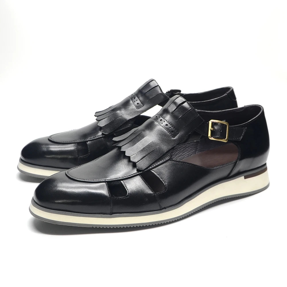 Classy Trending Mens Tassel Sandals Genuine Leather Buckle Strap Hollow Out Summer Casual Shoes for Men Comfortable Breathable