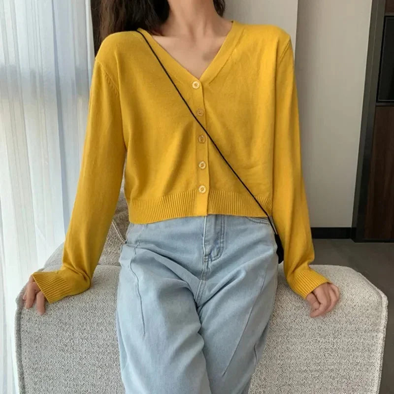 2026 Women Long Sleeve Cropped Cardigan V Neck Button Down Knit Lady Autumn Spring Knitted Single-breasted Cardigan Sweaters