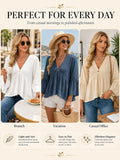 V Neck Bell Sleeve Blouses for Women Loose Fit Babydoll Tunic Tops Single Button Pleated Flowy Shirts Casual Daily Office Going‑Out Tunic