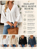 V Neck Bell Sleeve Blouses for Women Loose Fit Babydoll Tunic Tops Single Button Pleated Flowy Shirts Casual Daily Office Going‑Out Tunic