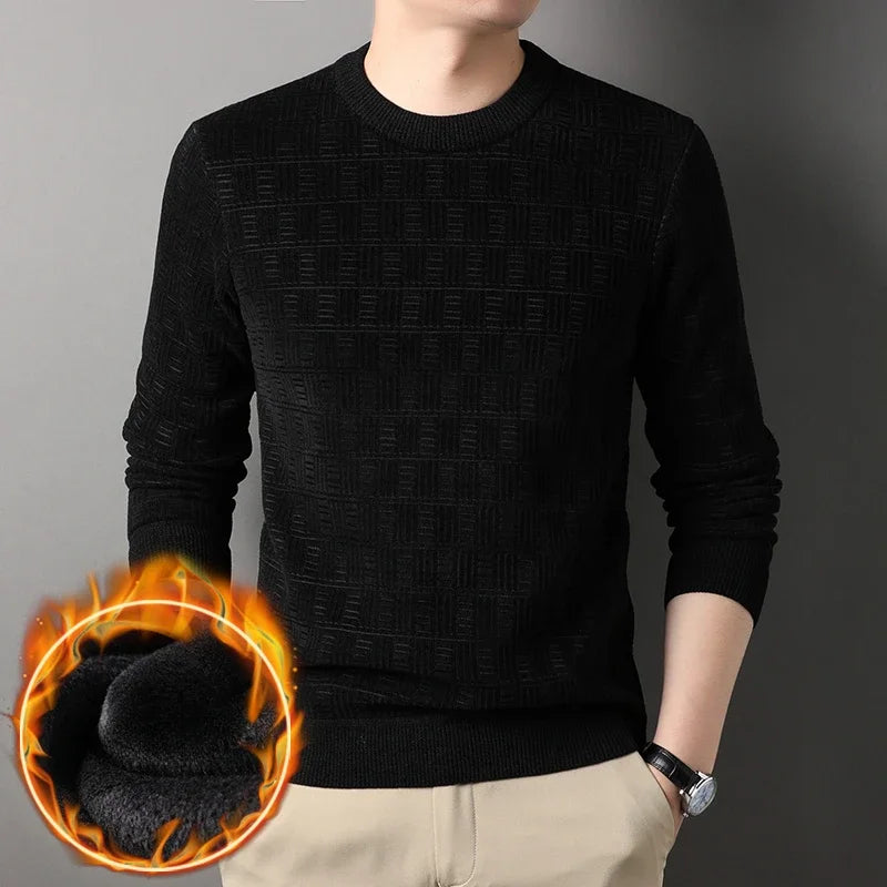 Chenille Winter Warm Sweaters Men Plaid Jacquard O-neck Pullovers Fleece Thick Knitwear Male Business Casual Knitted Sweater