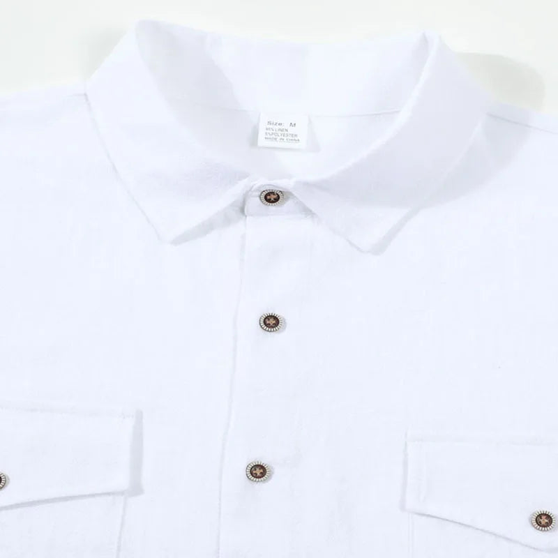 2026 New Men's Long Sleeve Casual Shirt Double Chest Pocket Button Up Soft Loose Linen Comfy Daily Work Street Outdoor Wear Tops