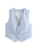 HH Elegant Womens Minimalist Solid Color Suit Vest Fitted Waist V Neck Office Workwear Business Waistcoat Casual Streetwear Tops