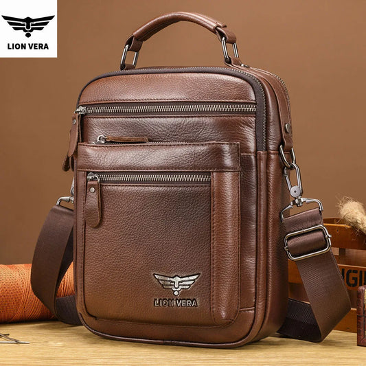 LION VERA Men's Shoulder Bag Casual Mobile Phone Zipper Bag Large Capacity Business Genuine Leather Travel Crossbody Bag