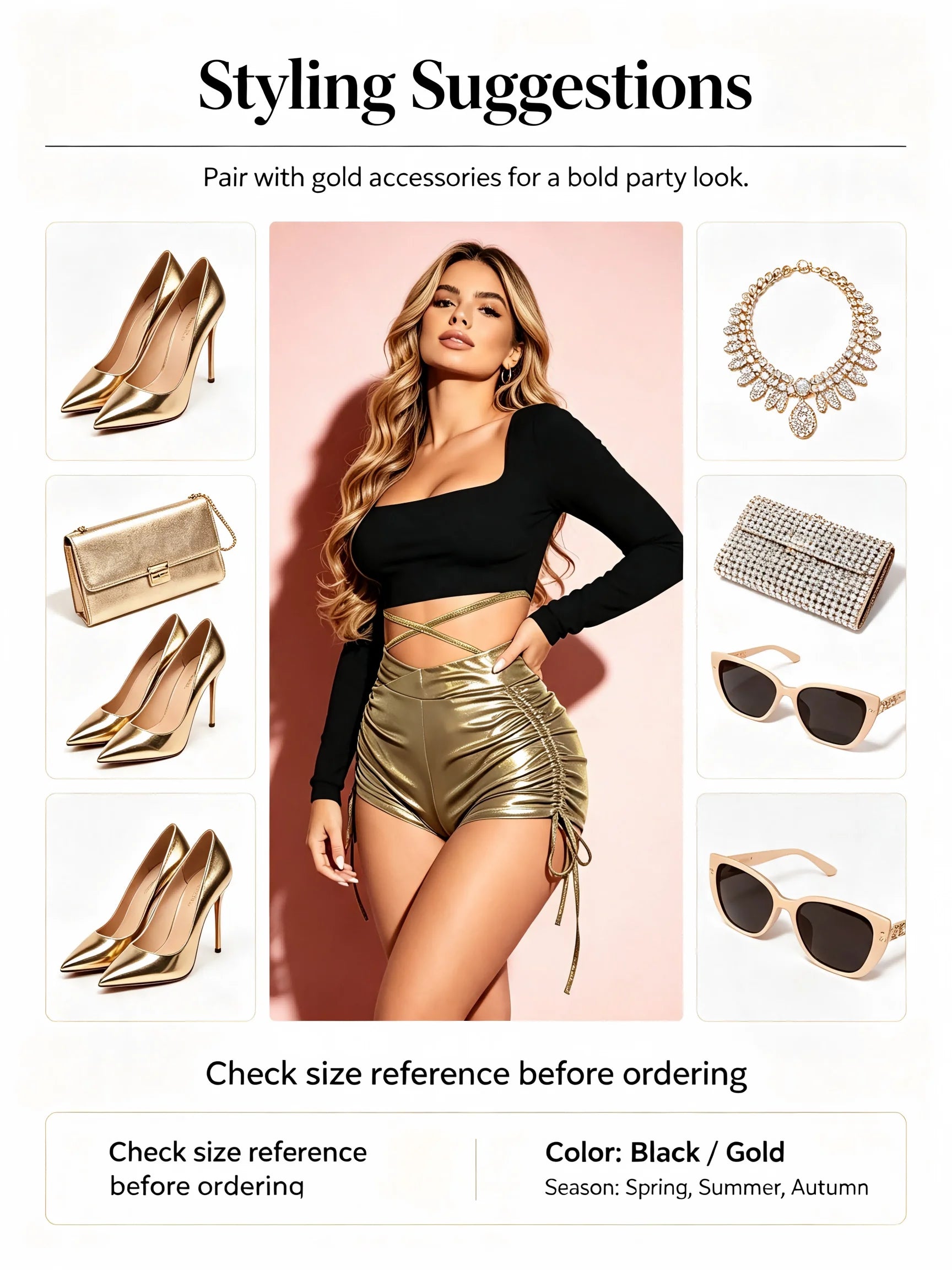 Women 2 Piece Outfits Long Sleeve Crop Top + Metallic Gold Drawstring Ruched Shorts Set Nightclub Party Clubwear Matching Sets