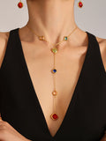 Colorful Long Square Pendant Stainless Steel Necklace for Women Luxury Czech Glass Gold Plated Waterproof Charm Jewelry