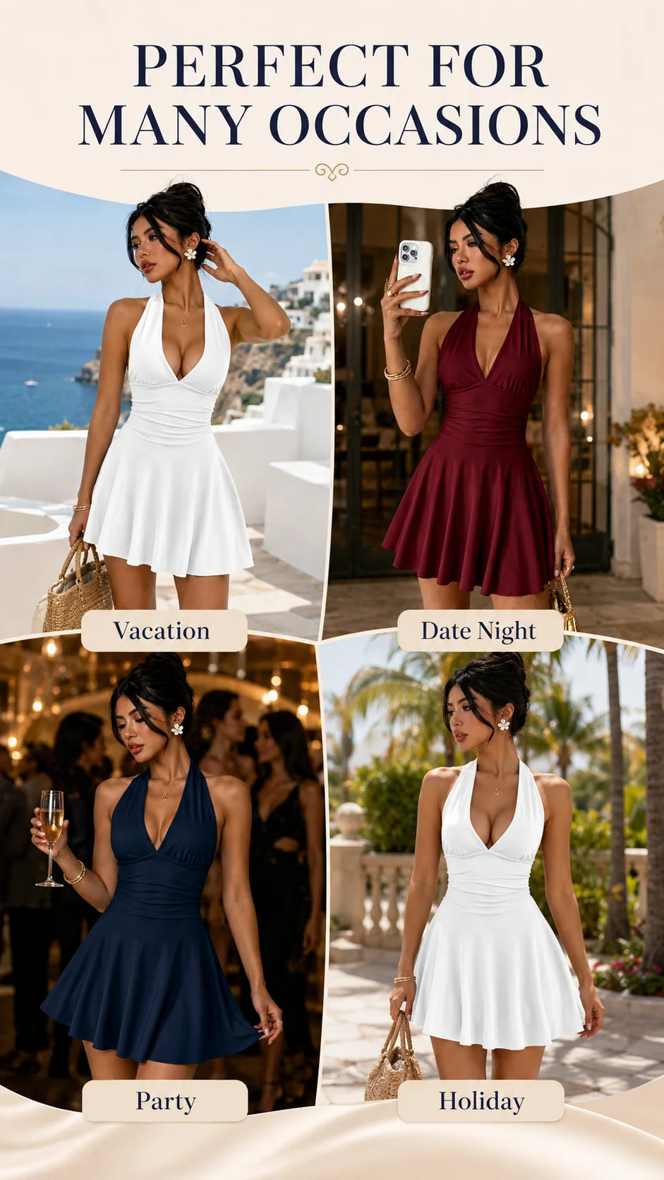 Women's Halter Deep V Neck Mini Dress, Ruched Waist Flared Ruffle Hem Bodycon Dress, Sexy Sleeveless Slim Fit Party Club Short Dress