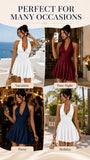 Women's Halter Deep V Neck Mini Dress, Ruched Waist Flared Ruffle Hem Bodycon Dress, Sexy Sleeveless Slim Fit Party Club Short Dress