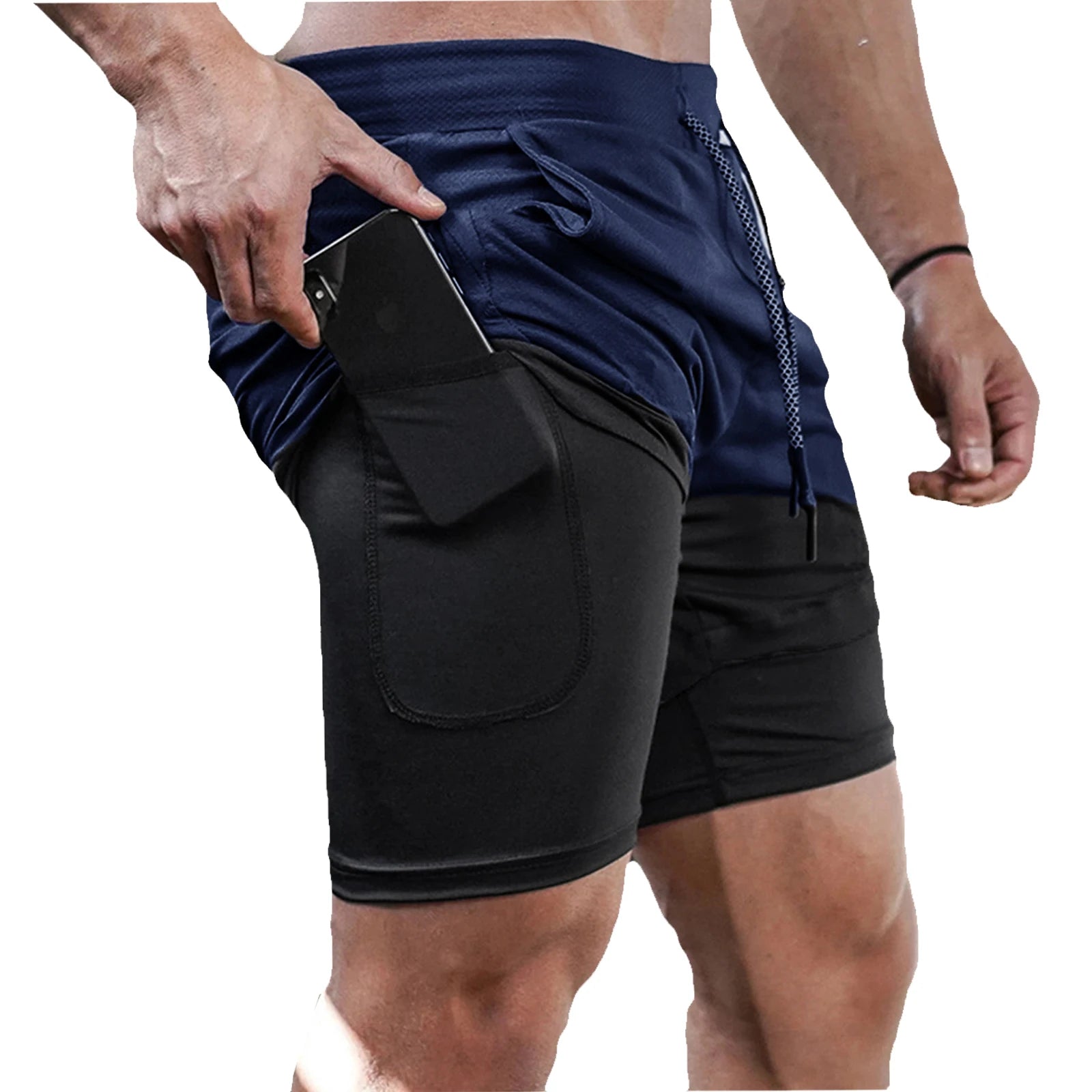 Men's Fitness Training Shorts,Summer Casual Black 2 In 1 Quick Dry Gym Running Shorts Outdoor Slim Quarter Pants