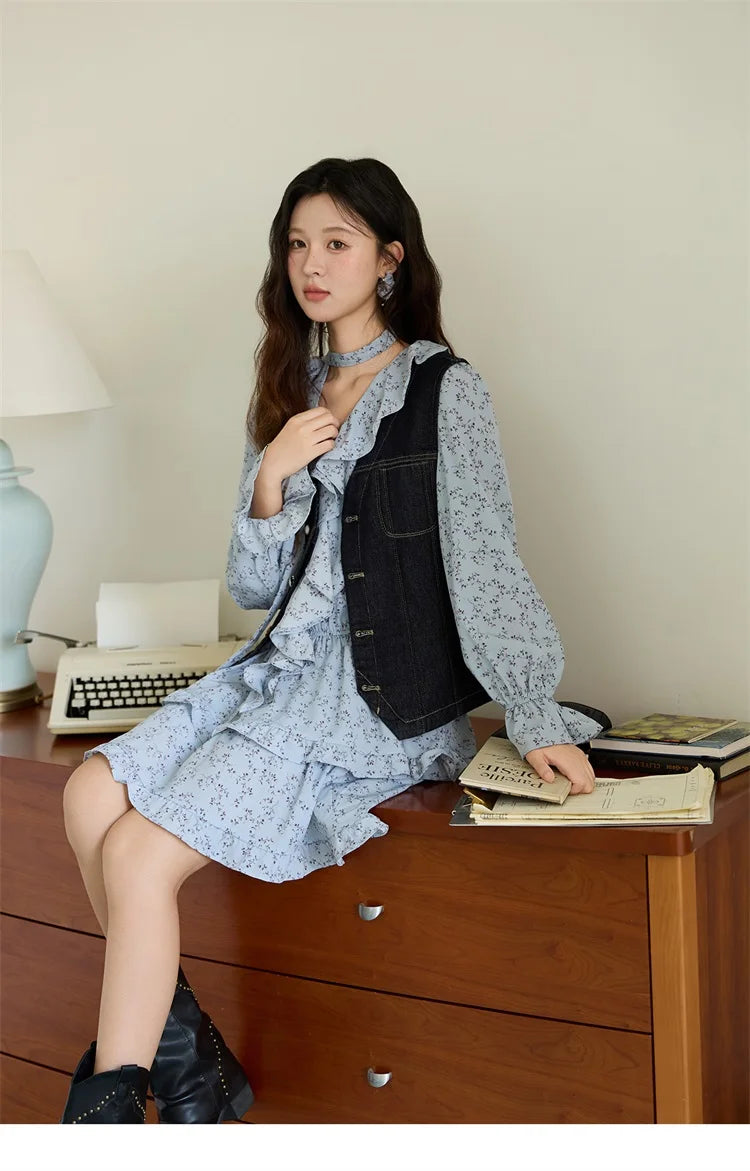 MISHOW Floral Dress for Women Cotton 2026 Spring Blue Luxury V-neck Ruffled Puff Sleeve Dress Party Midi Dress Woman MXE46L2517