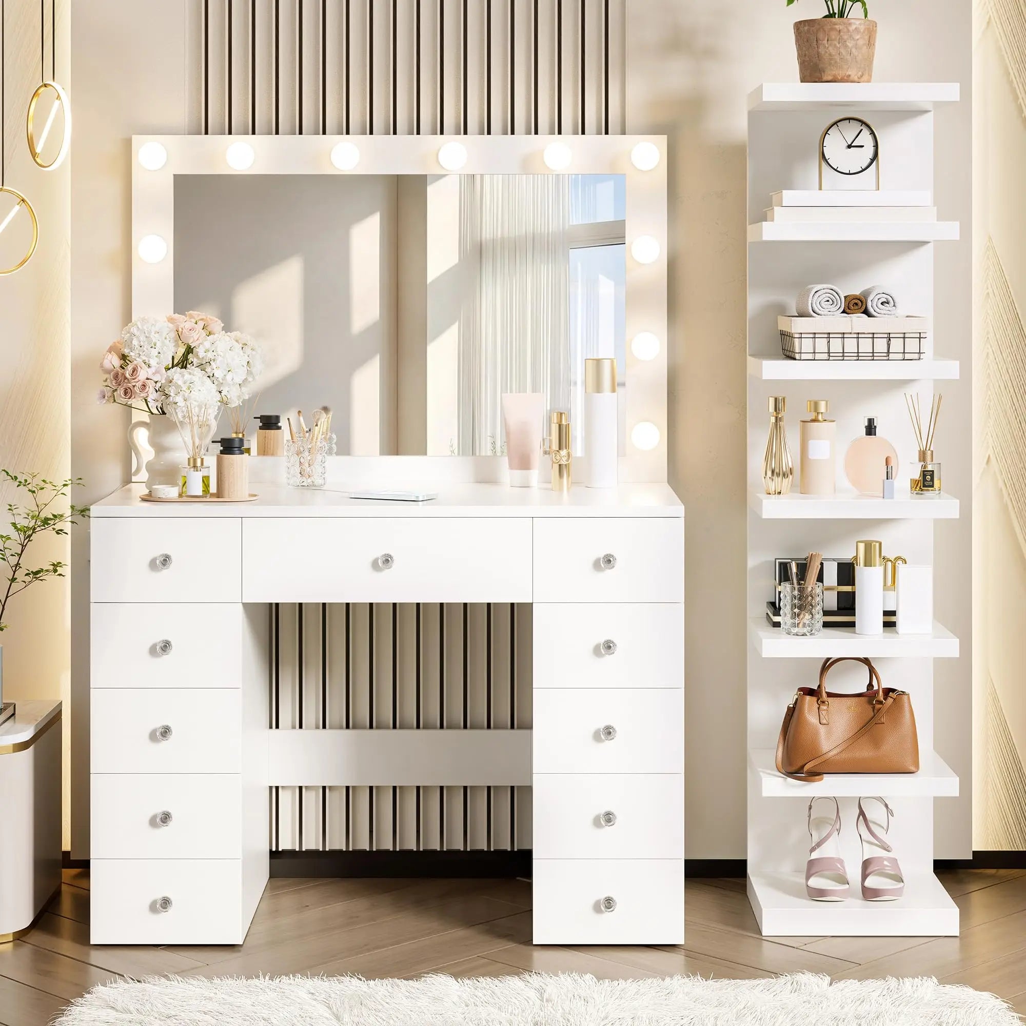 Luxury Makeup Vanity Desk with 3-Color LED Mirror and Stool, Adjustable Length Vanity Table with Movable Side Cabinet