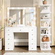 Luxury Makeup Vanity Desk with 3-Color LED Mirror and Stool, Adjustable Length Vanity Table with Movable Side Cabinet