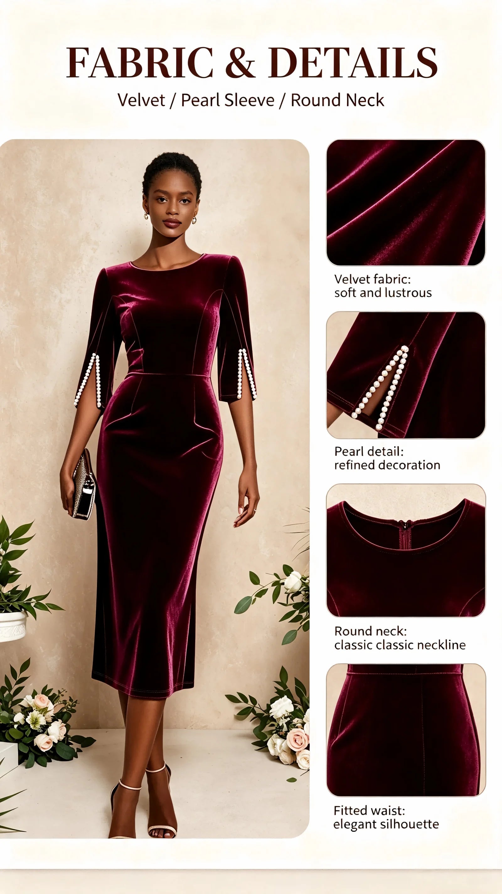 Women Burgundy Velvet Midi Dress Round Neck Pearl Split 3/4 Sleeve Bodycon Pencil Dress Elegant Wedding Guest Evening Party Formal Dresses