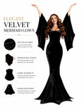 Women Gothic Velvet Mermaid Maxi Dress Bat Flared Long Sleeve Bodycon Gown Dark Witch Vampire Costume Halloween Cosplay Party Outfit