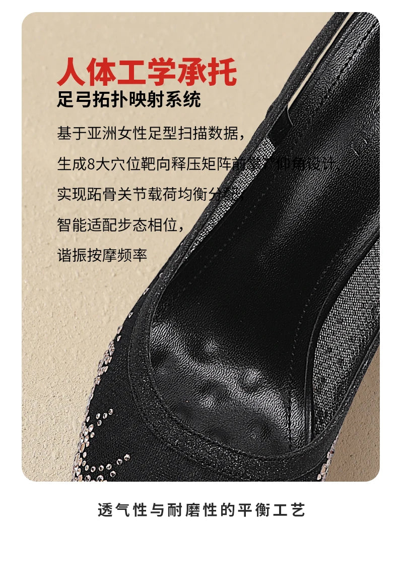 New Baotou Sexy Sandals with One Buckle and Summer Mesh, Rhinestone High Heels for Women, Slim Heels, Shallow Mouth