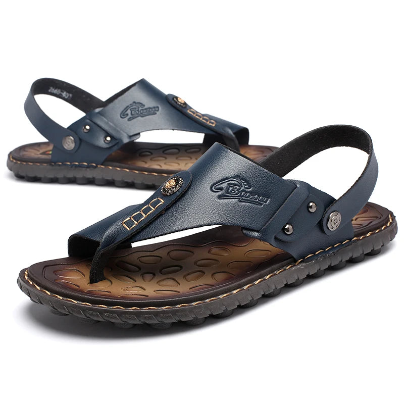 Hot Sale Men's Summer Sandals Breathable Leather Flip-Flops Slippers Men  Hand-made Beach Casual Shoes Big Size 47