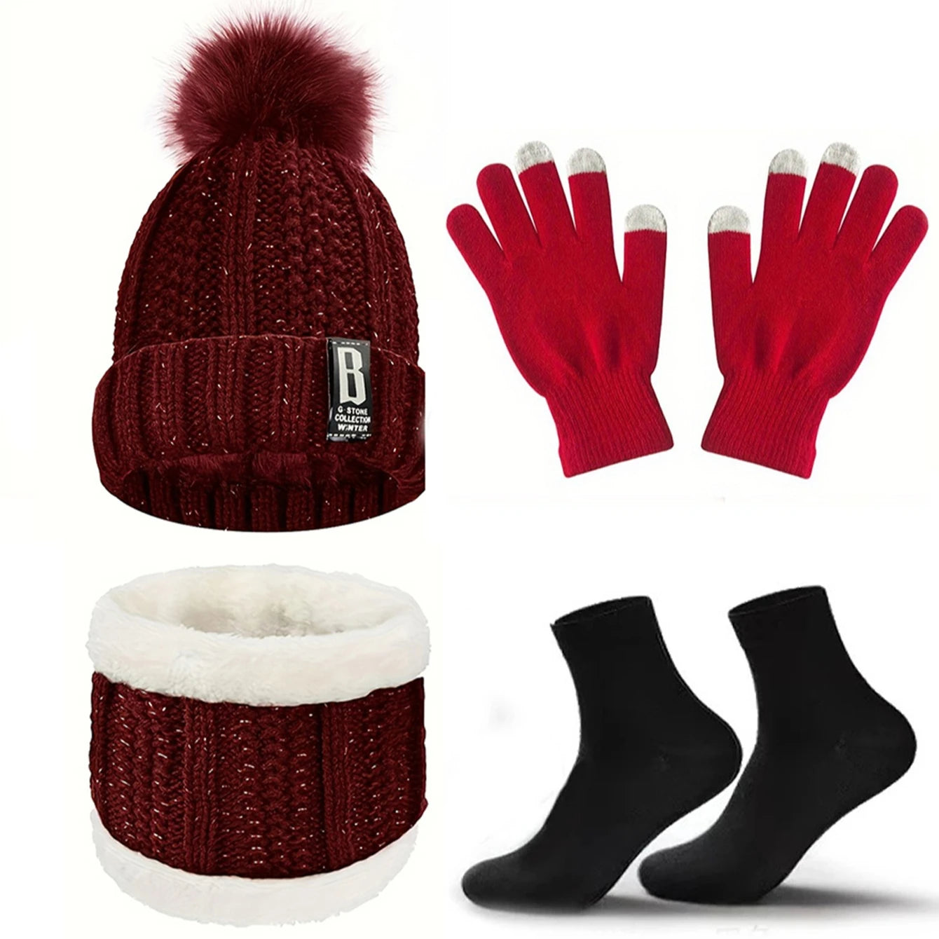 4pcs Winter Beanie Hat Gloves Scarf Caps Socks Thickened Fleece Lined Neck Cashmere Scarves Cap Set For Men Women