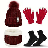 4pcs Winter Beanie Hat Gloves Scarf Caps Socks Thickened Fleece Lined Neck Cashmere Scarves Cap Set For Men Women
