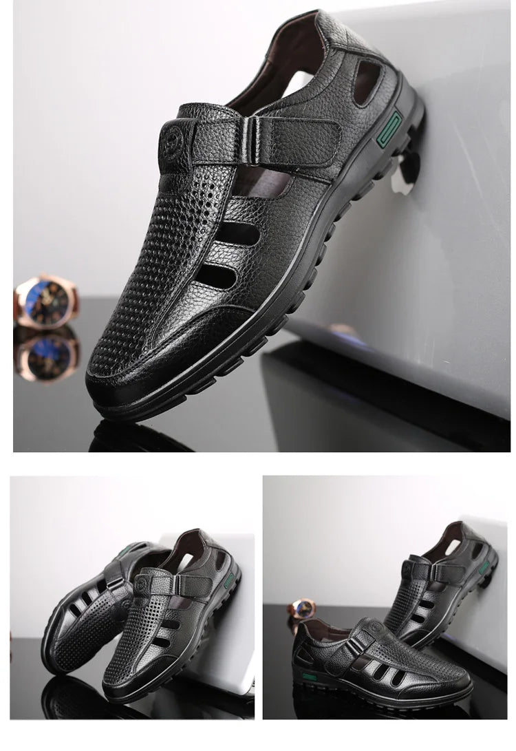 Men's Genuine Leather Sandals Men Summer Hollow Breathable Leather Shoes Mens Casual Soft Comfortable Flats EU Sizes 38-48