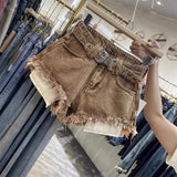 Rough Edge Sexy Denim Shorts 2026 Summer New Brown High Waist Hot Pants Jeans