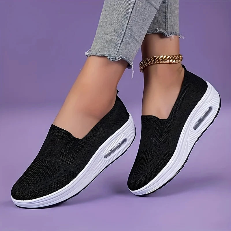 Women Slip On Air Cushion Walking Shoes Breathable Mesh Upper Platform Sneakers Non Slip Soft Sole Casual Loafers Ladies Lightweight Comfort Footwear for Daily Work Travel Outdoor Walking Nursing Shopping White Black Gray Pin