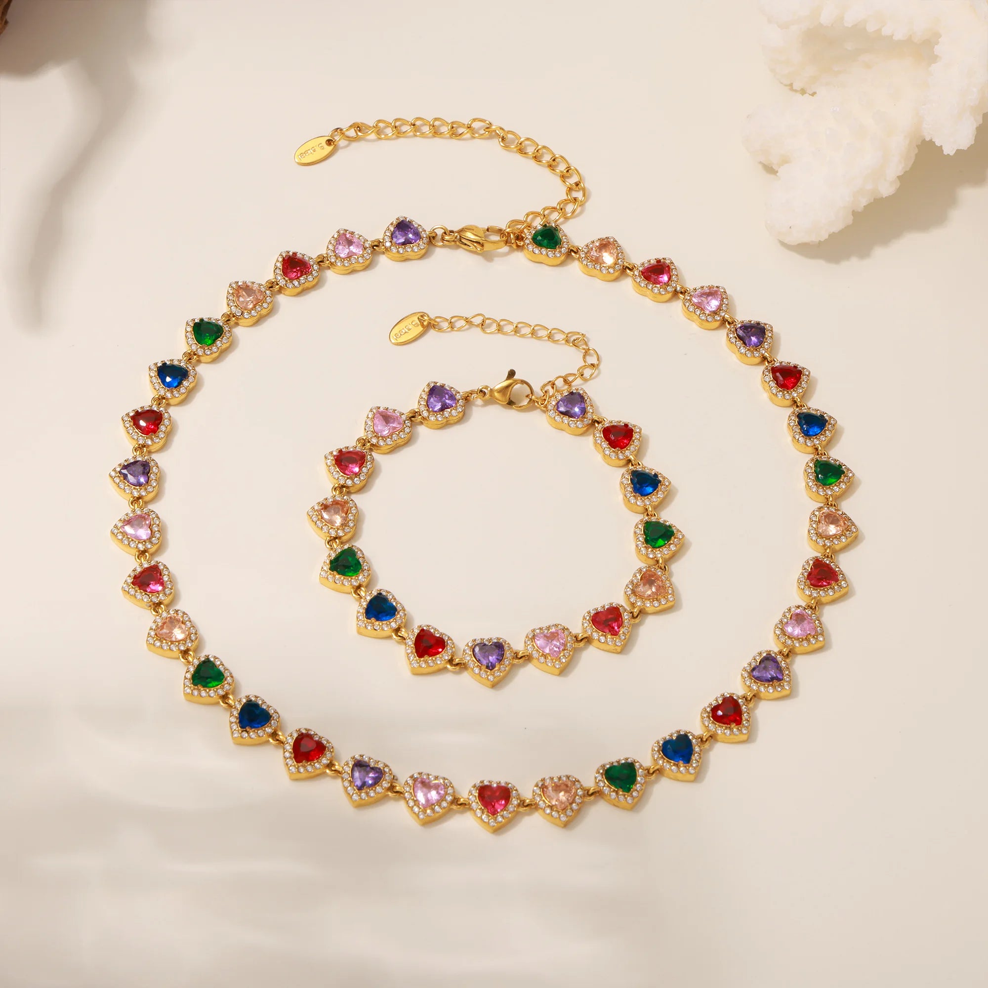 Colorful Zircon Necklace Heart Chain Bracelet Set Women's 316L Stainless Steel Gold-Plated Luxury Wedding Jewelry Accessories